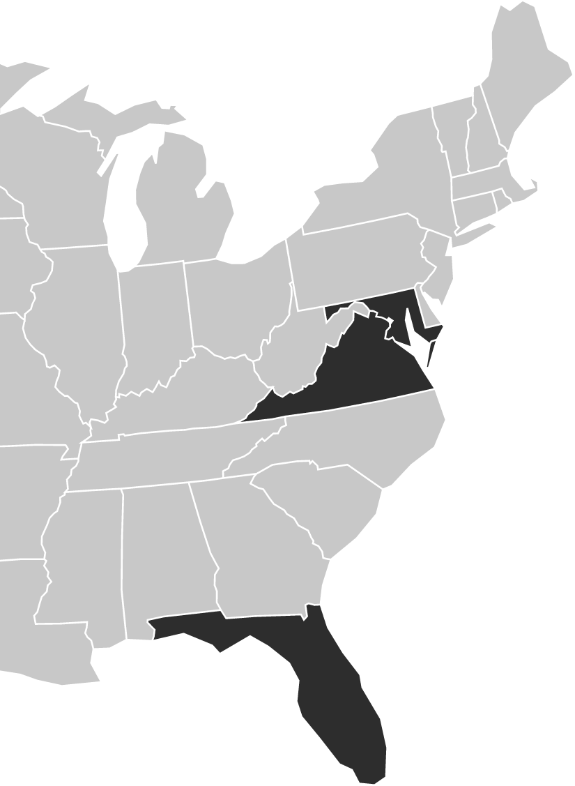 US Map - Virginia, Maryland, Florida highlighted